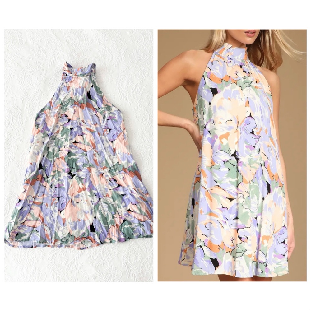 NWOT Lulus Tied Back To You Lavender Multi Floral Print Mini Shift Dress Small